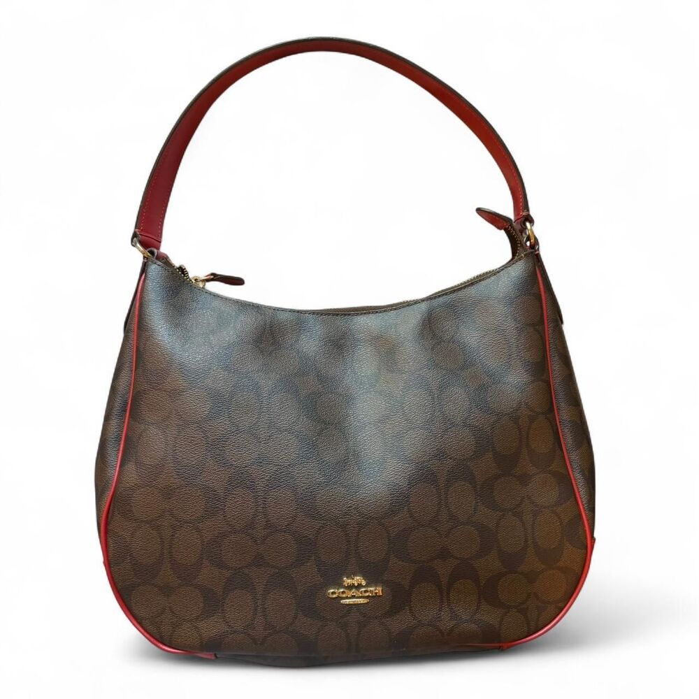 Coach Signature Hobo Shoulder Bag Brown & Black Monogram with Red Trim
